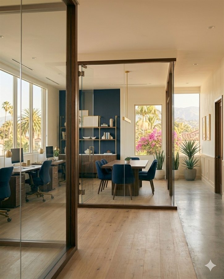 Freshly painted modern commercial office with a navy accent wall