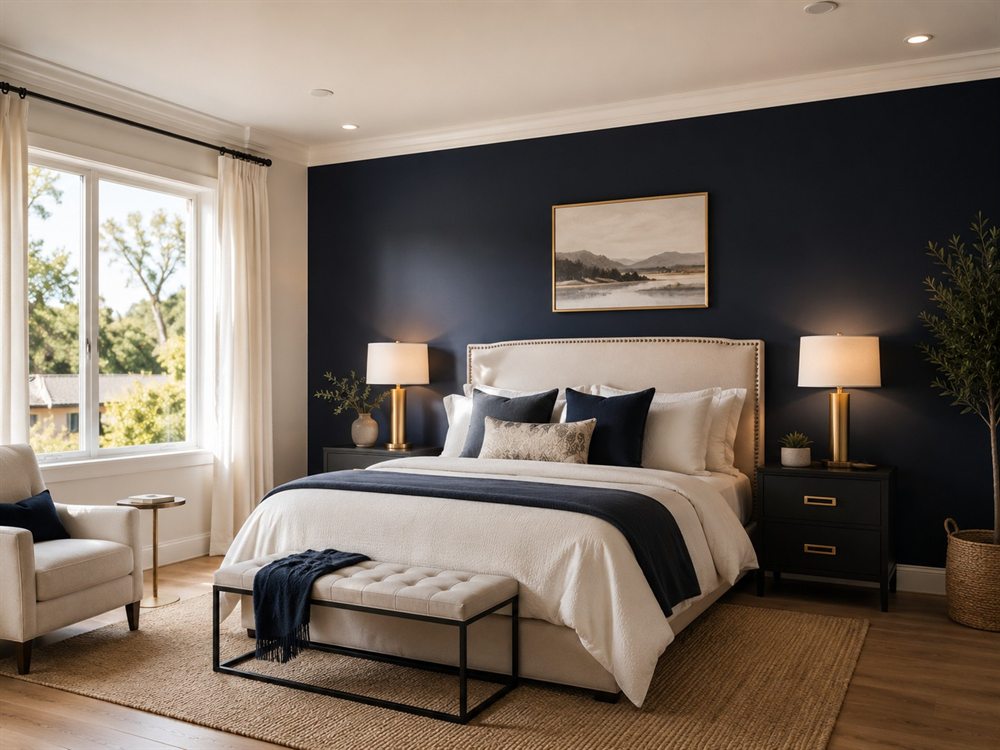 Bedroom with a freshly painted navy accent wall and crisp white trim